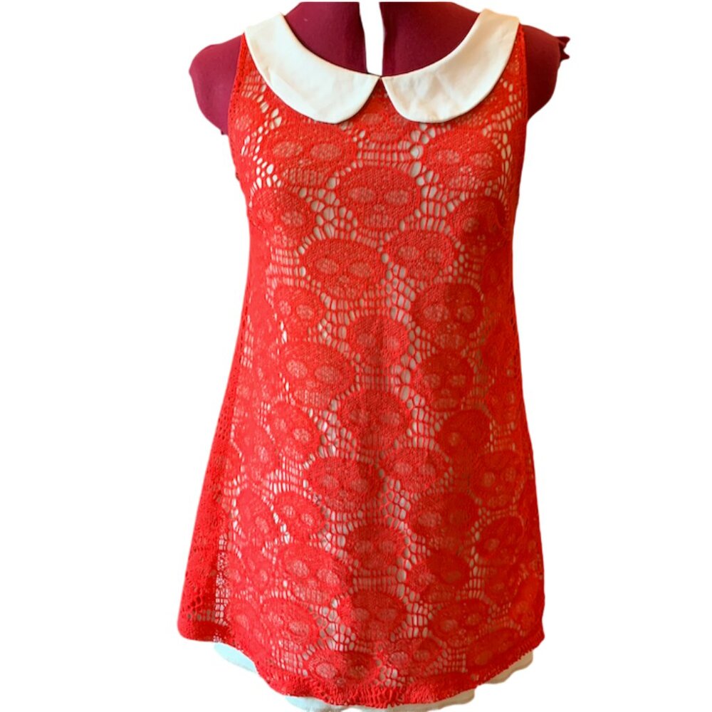 Audrey 3+1 Red Lace Skull Patterned Mini Dress w/ Ivory Lining Size M